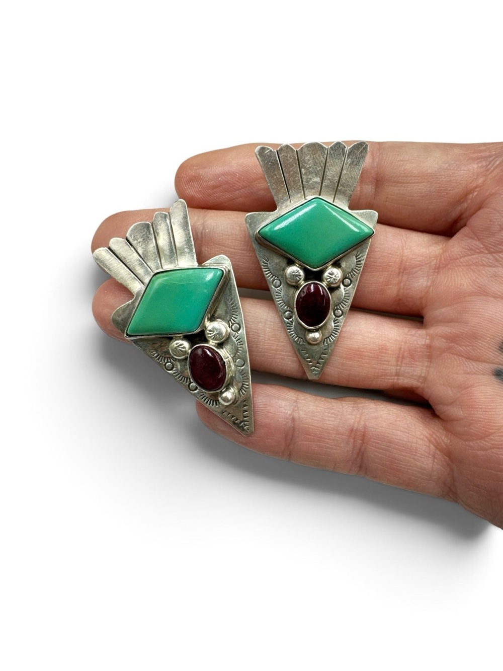 Vintage Navajo Sterling Silver Green Turquoise Shungite Earrings Signed BB